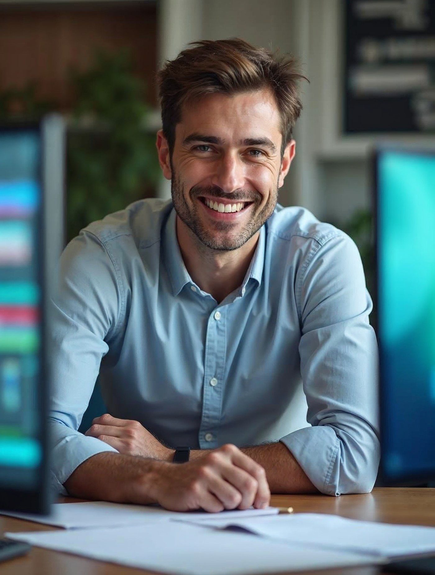 Contable sonriendo en su escritorio con dos monitores con software de contabilidad