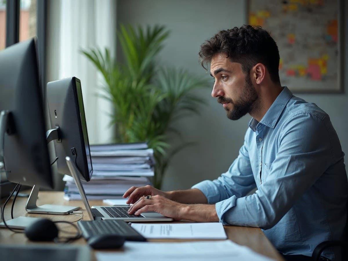 Profesional trabajando concentrado con un portátil y un monitor en una oficina