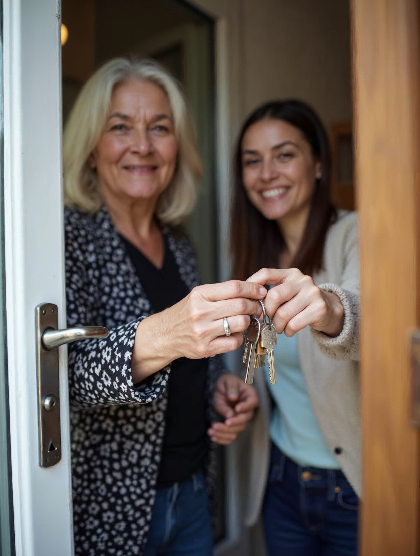 Propietaria entregando las llaves a una nueva inquilina sonriente en la puerta de la vivienda