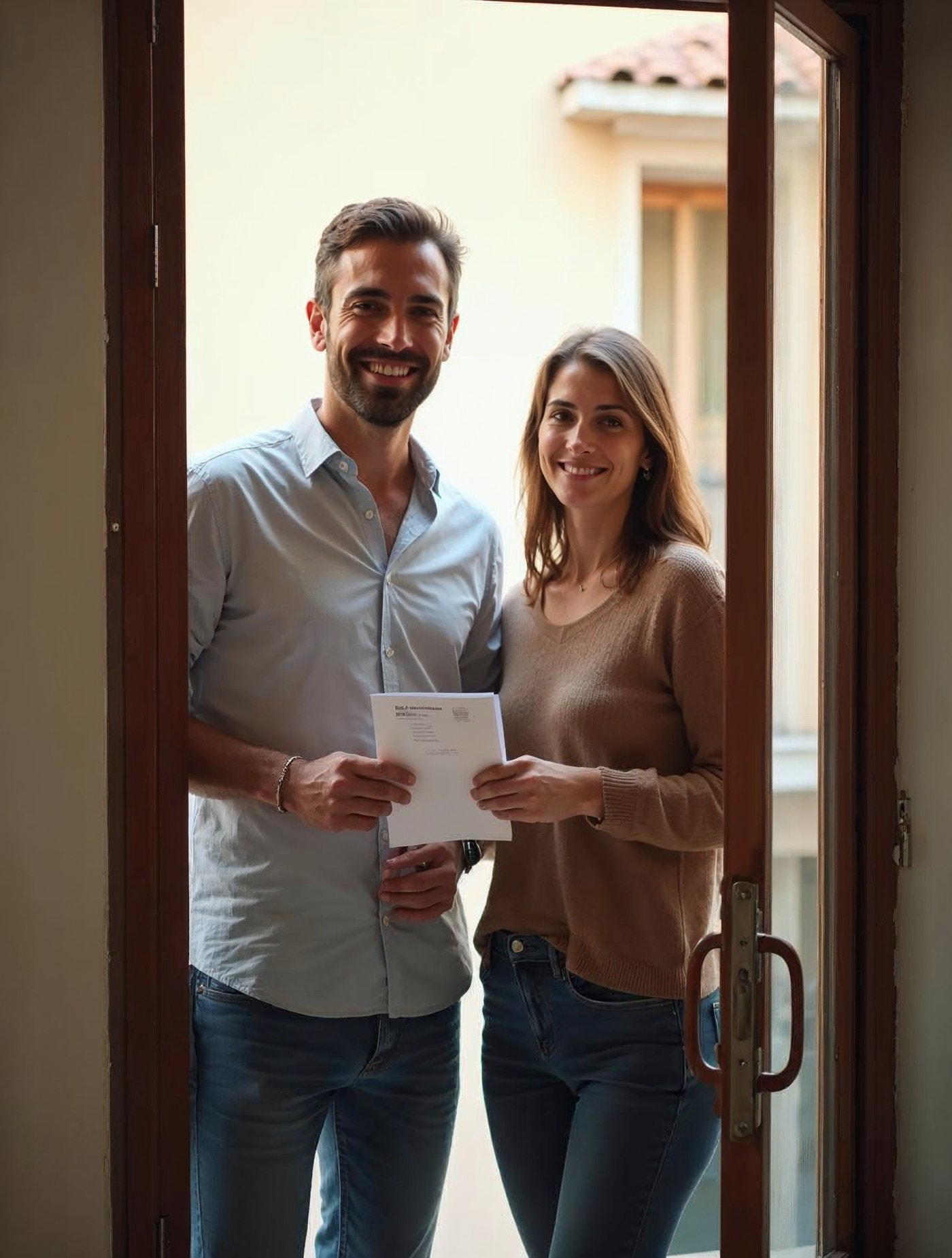 Hombre y asesora inmobiliaria sonriendo en el balcón de una vivienda luminosa