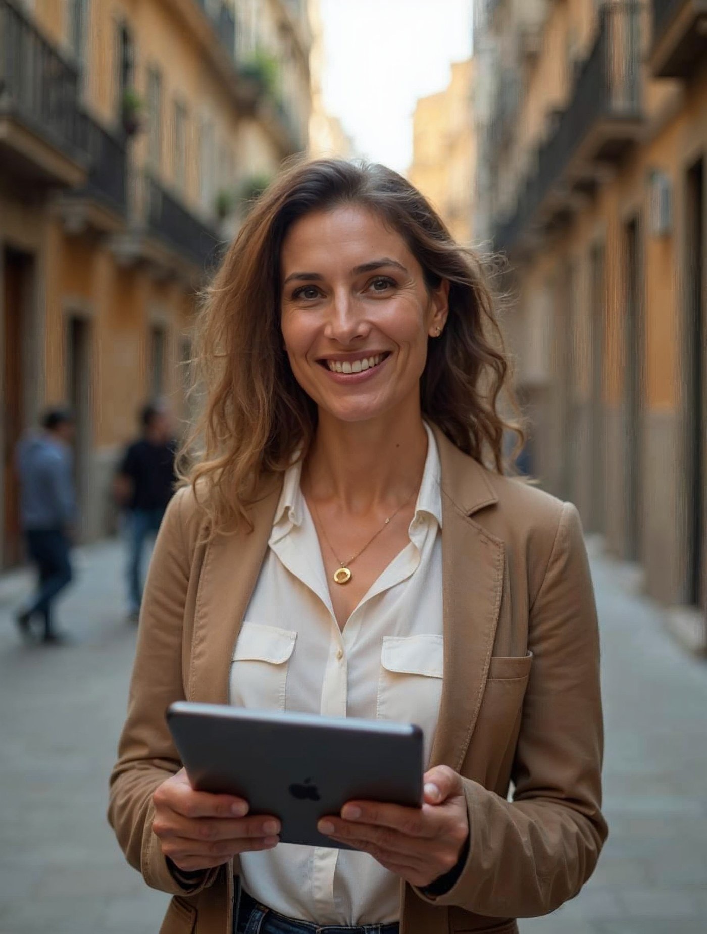 Administradora de fincas sonriendo con una tableta en una calle de Barcelona