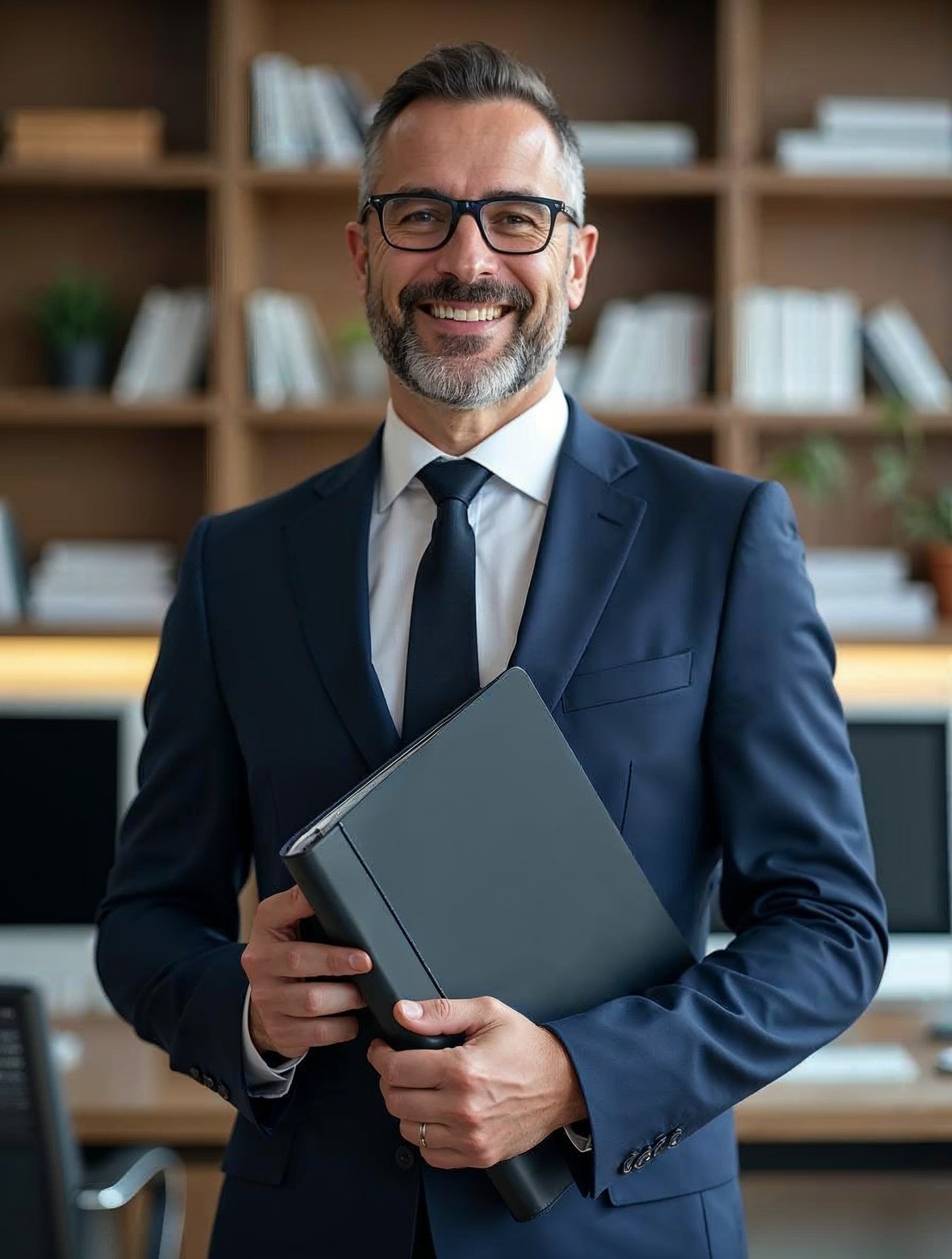 Abogado sonriendo con una carpeta en una oficina con estanterías de libros