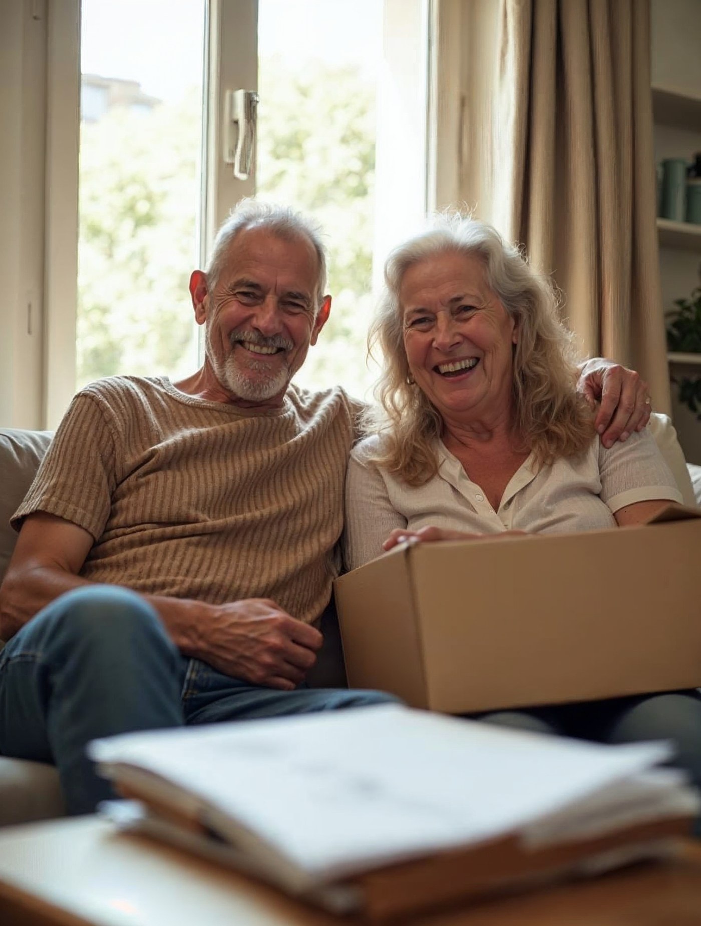 Pareja mayor sonriendo en su salón, con una caja de mudanza y documentos sobre la mesa